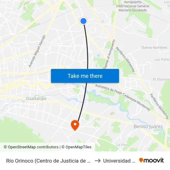 Río Orinoco (Centro de Justicia de Apodaca) to Universidad Edec map