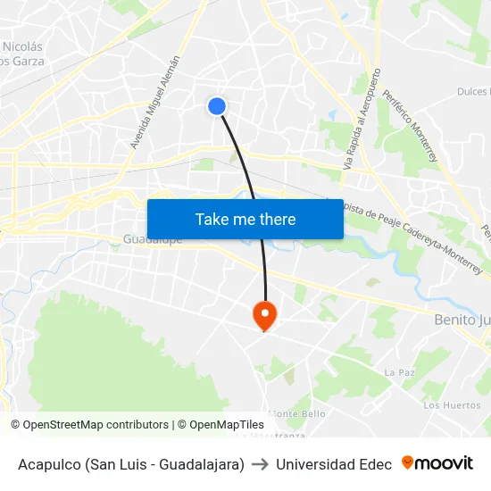 Acapulco (San Luis - Guadalajara) to Universidad Edec map