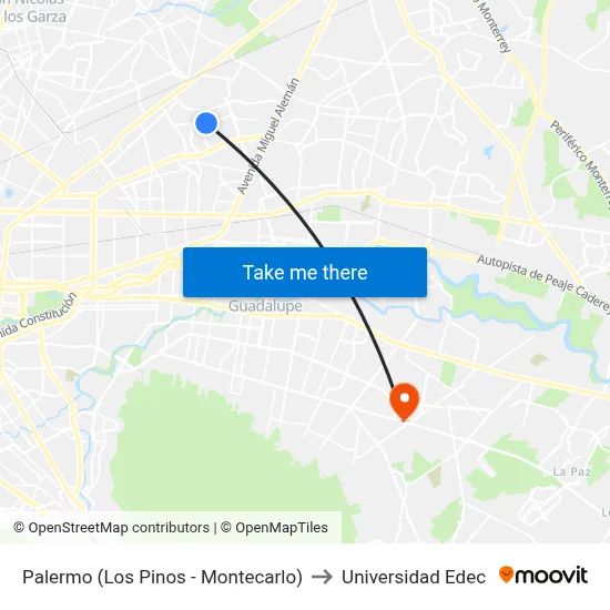Palermo (Los Pinos - Montecarlo) to Universidad Edec map
