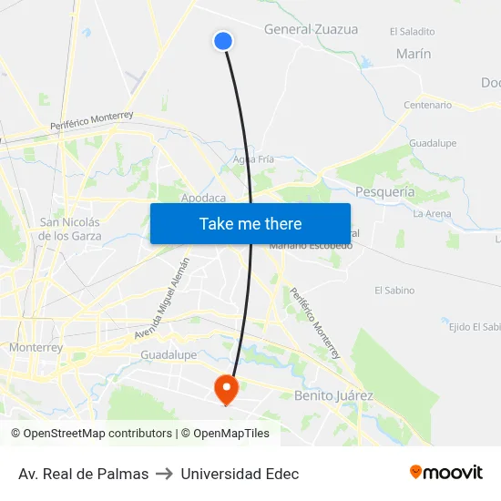 Av. Real de Palmas to Universidad Edec map
