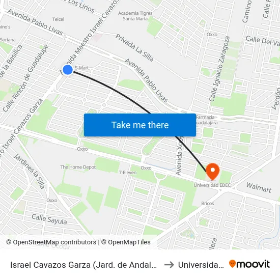 Israel Cavazos Garza (Jard. de Andalucía - Pablo Livas) to Universidad Edec map