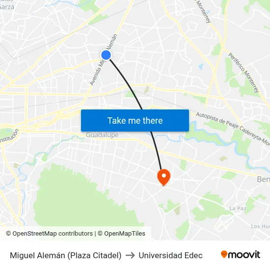 Miguel Alemán (Plaza Citadel) to Universidad Edec map