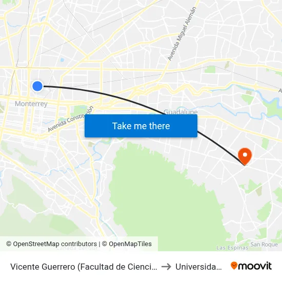 Vicente Guerrero (Facultad de Ciencias Químicas) to Universidad Edec map