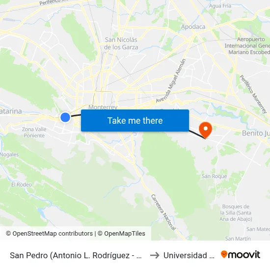San Pedro (Antonio L. Rodríguez - Miravalle) to Universidad Edec map