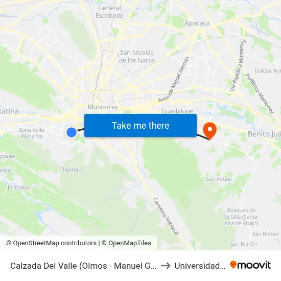 Calzada Del Valle (Olmos - Manuel Gómez Morín) to Universidad Edec map