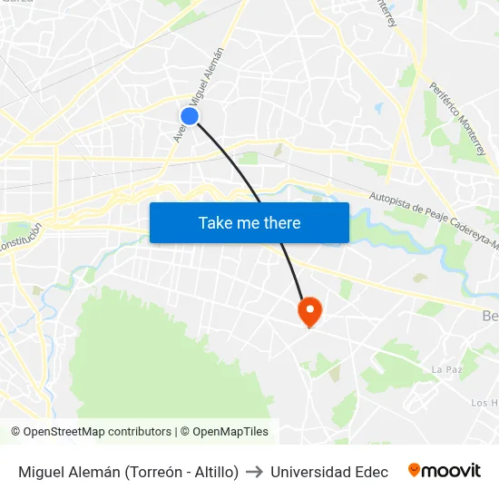 Miguel Alemán (Torreón - Altillo) to Universidad Edec map