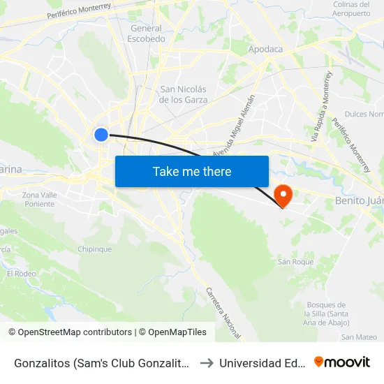 Gonzalitos (Sam's Club Gonzalitos) to Universidad Edec map