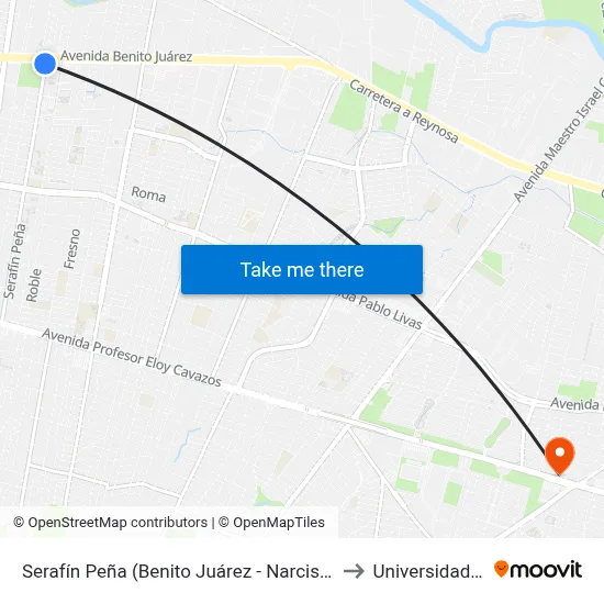 Serafín Peña (Benito Juárez - Narciso Mendoza) to Universidad Edec map