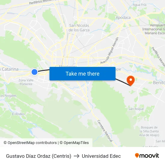 Gustavo Díaz Ordaz (Centris) to Universidad Edec map