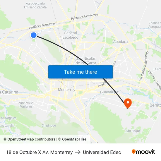 18 de Octubre X Av. Monterrey to Universidad Edec map