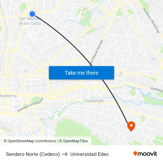 Sendero Norte (Cedeco) to Universidad Edec map