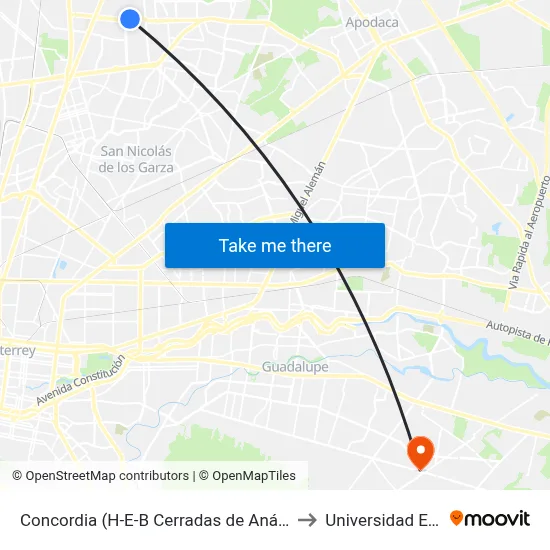 Concordia (H-E-B Cerradas de Anáhuac) to Universidad Edec map