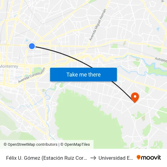 Félix U. Gómez (Estación Ruiz Cortines) to Universidad Edec map