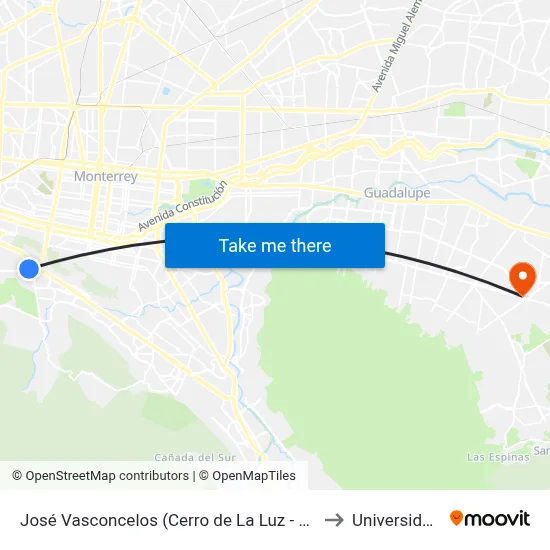 José Vasconcelos (Cerro de La Luz - Montes Rocallosos) to Universidad Edec map