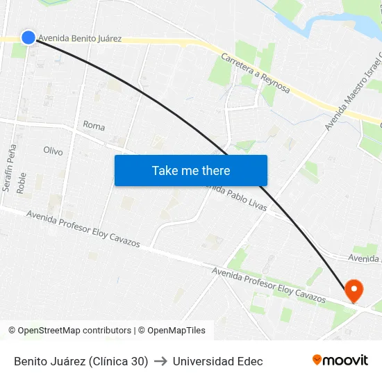 Benito Juárez (Clínica 30) to Universidad Edec map