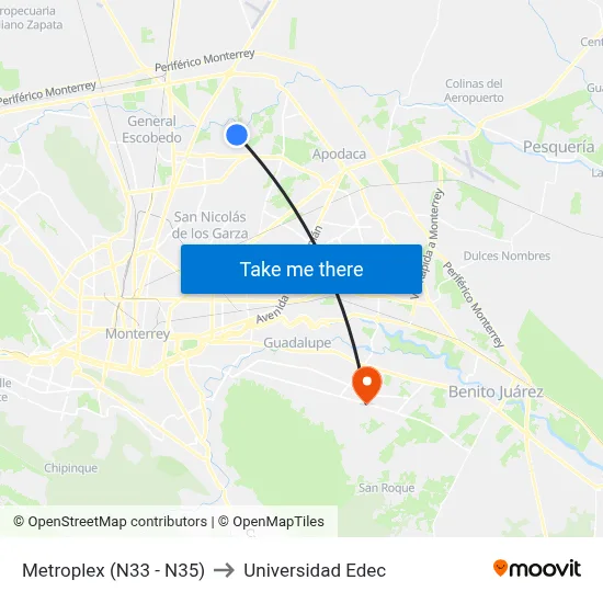Metroplex (N33 - N35) to Universidad Edec map