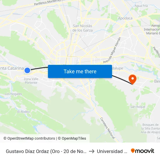 Gustavo Díaz Ordaz (Oro - 20 de Noviembre) to Universidad Edec map