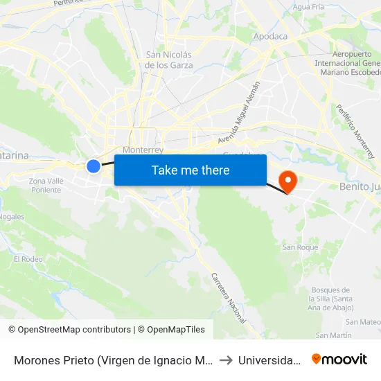 Morones Prieto (Virgen de Ignacio Morones Prieto) to Universidad Edec map