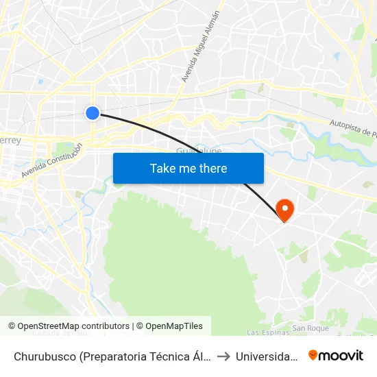 Churubusco (Preparatoria Técnica Álvaro Obregón) to Universidad Edec map