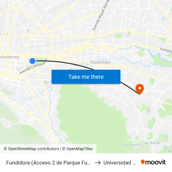 Fundidora (Acceso 2 de Parque Fundidora) to Universidad Edec map