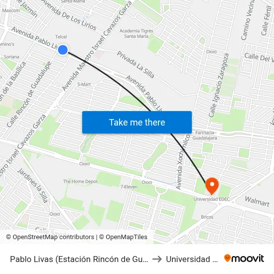 Pablo Livas (Estación Rincón de Guadalupe) to Universidad Edec map