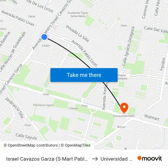 Israel Cavazos Garza (S-Mart Pablo Livas) to Universidad Edec map
