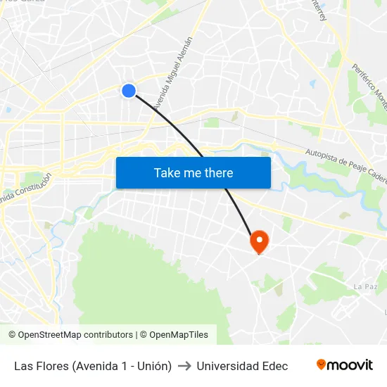 Las Flores (Avenida 1 - Unión) to Universidad Edec map