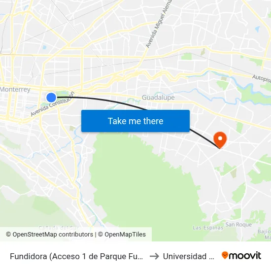 Fundidora (Acceso 1 de Parque Fundidora) to Universidad Edec map