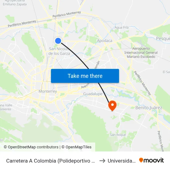 Carretera A Colombia (Polideportivo Tigres Escobedo) to Universidad Edec map