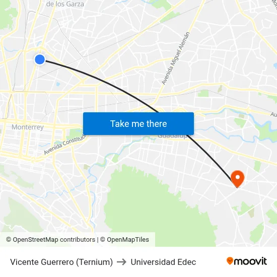 Vicente Guerrero (Ternium) to Universidad Edec map