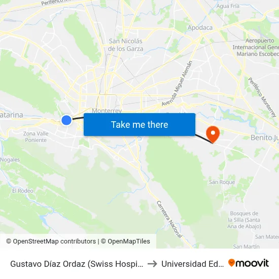 Gustavo Díaz Ordaz (Swiss Hospital) to Universidad Edec map