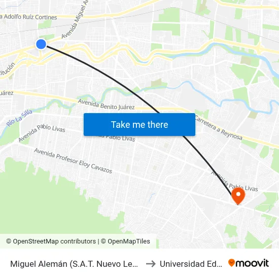 Miguel Alemán (S.A.T. Nuevo León) to Universidad Edec map