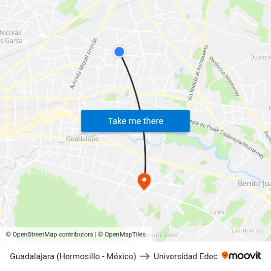 Guadalajara (Hermosillo - México) to Universidad Edec map