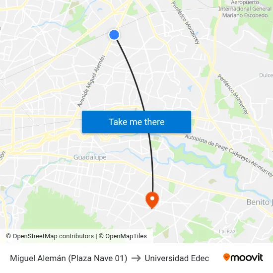 Miguel Alemán (Plaza Nave 01) to Universidad Edec map