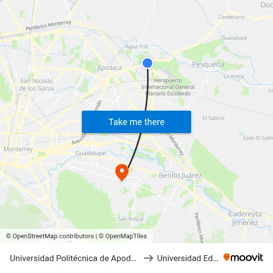 Universidad Politécnica de Apodaca to Universidad Edec map