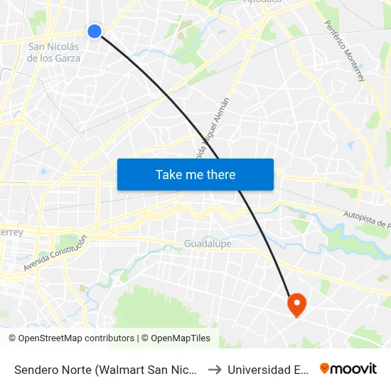Sendero Norte (Walmart San Nicolás) to Universidad Edec map
