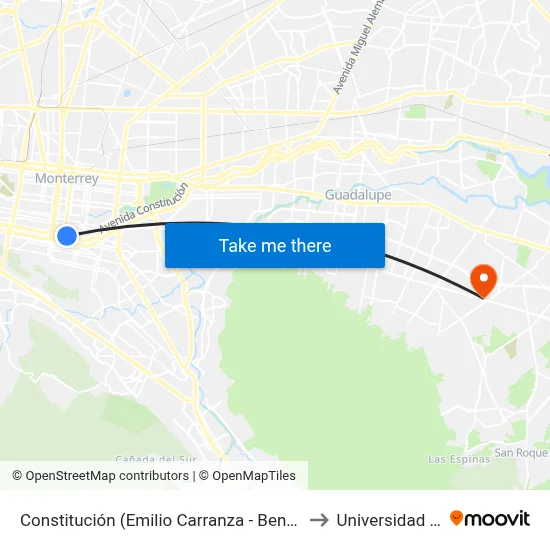 Constitución (Emilio Carranza - Benito Juárez) to Universidad Edec map