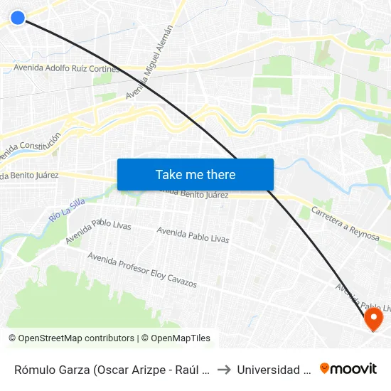Rómulo Garza (Oscar Arizpe - Raúl Murrieta) to Universidad Edec map