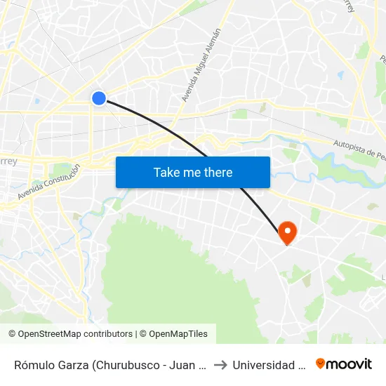 Rómulo Garza (Churubusco - Juan Pablo II) to Universidad Edec map