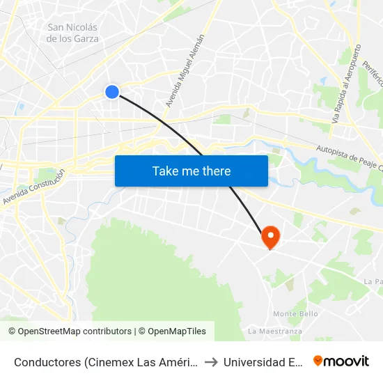 Conductores (Cinemex Las Américas) to Universidad Edec map