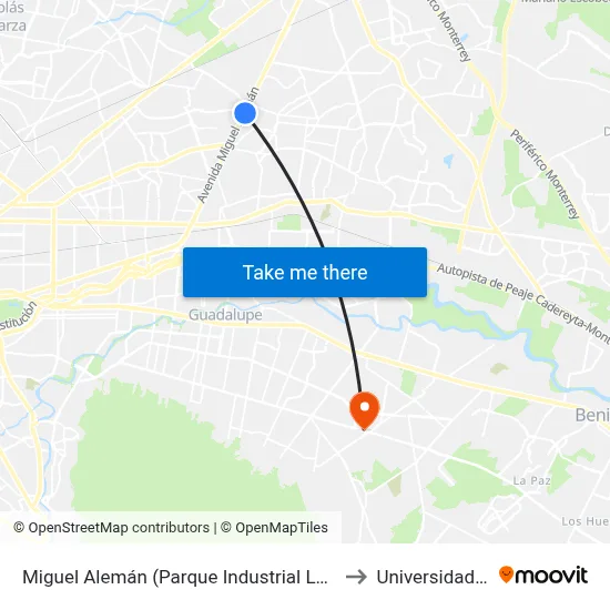 Miguel Alemán (Parque Industrial La Primavera) to Universidad Edec map