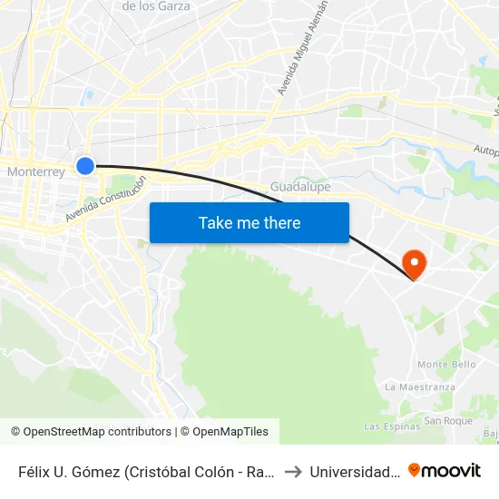Félix U. Gómez (Cristóbal Colón - Ramón Treviño) to Universidad Edec map