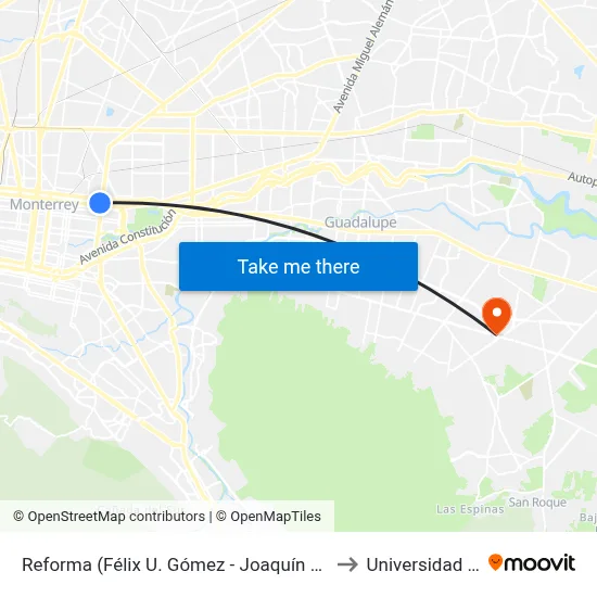 Reforma (Félix U. Gómez - Joaquín Garza Leal) to Universidad Edec map