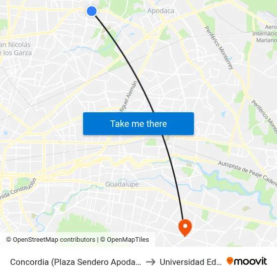 Concordia (Plaza Sendero Apodaca) to Universidad Edec map