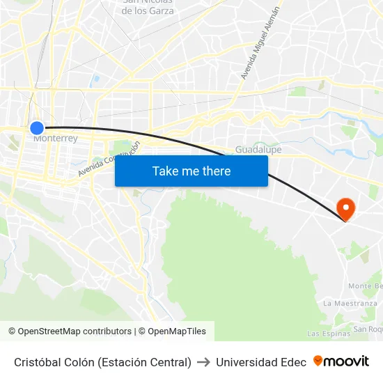 Cristóbal Colón (Estación Central) to Universidad Edec map