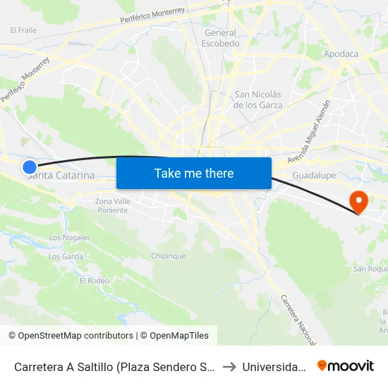 Carretera A Saltillo (Plaza Sendero Santa Catarina) to Universidad Edec map