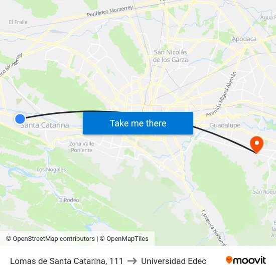 Lomas de Santa Catarina, 111 to Universidad Edec map