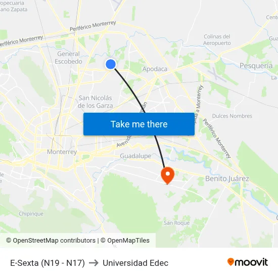 E-Sexta (N19 - N17) to Universidad Edec map