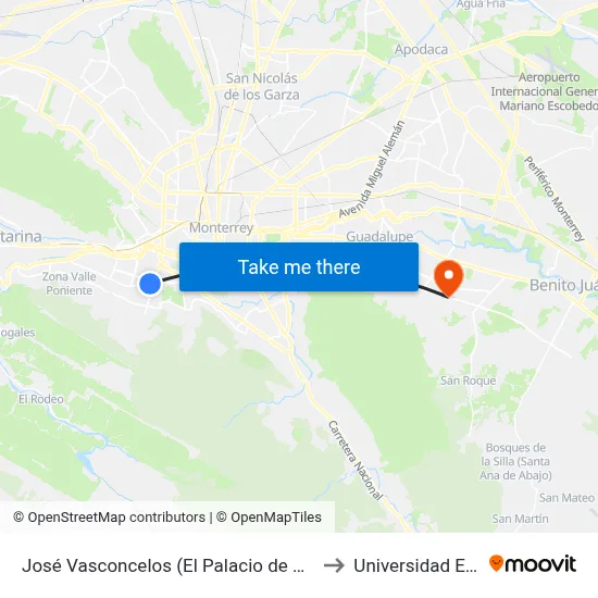 José Vasconcelos (El Palacio de Hierro) to Universidad Edec map