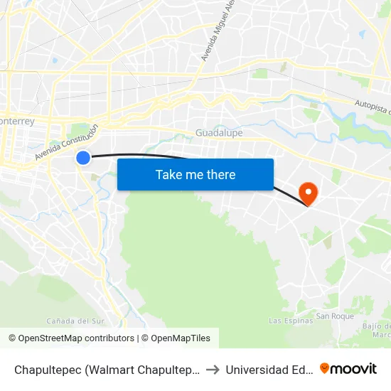 Chapultepec (Walmart Chapultepec) to Universidad Edec map
